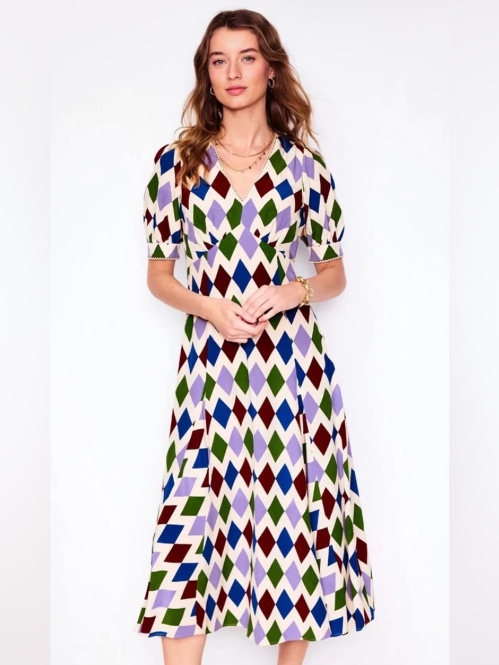 Boden 16 18 XL Rosie Godet Tea Dress Diamond Print Maxi Dress EUC Lk new pockets